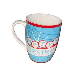Merry Christmas Sleigh Bell Bistro Mug 12 Oz Blue & Red Ceramic Microwave & Dish